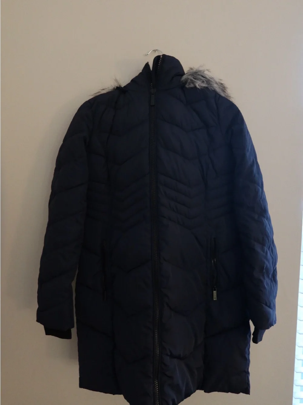 Michael Kors Navy Puffer Jacket with Faux Fur Hood Trim